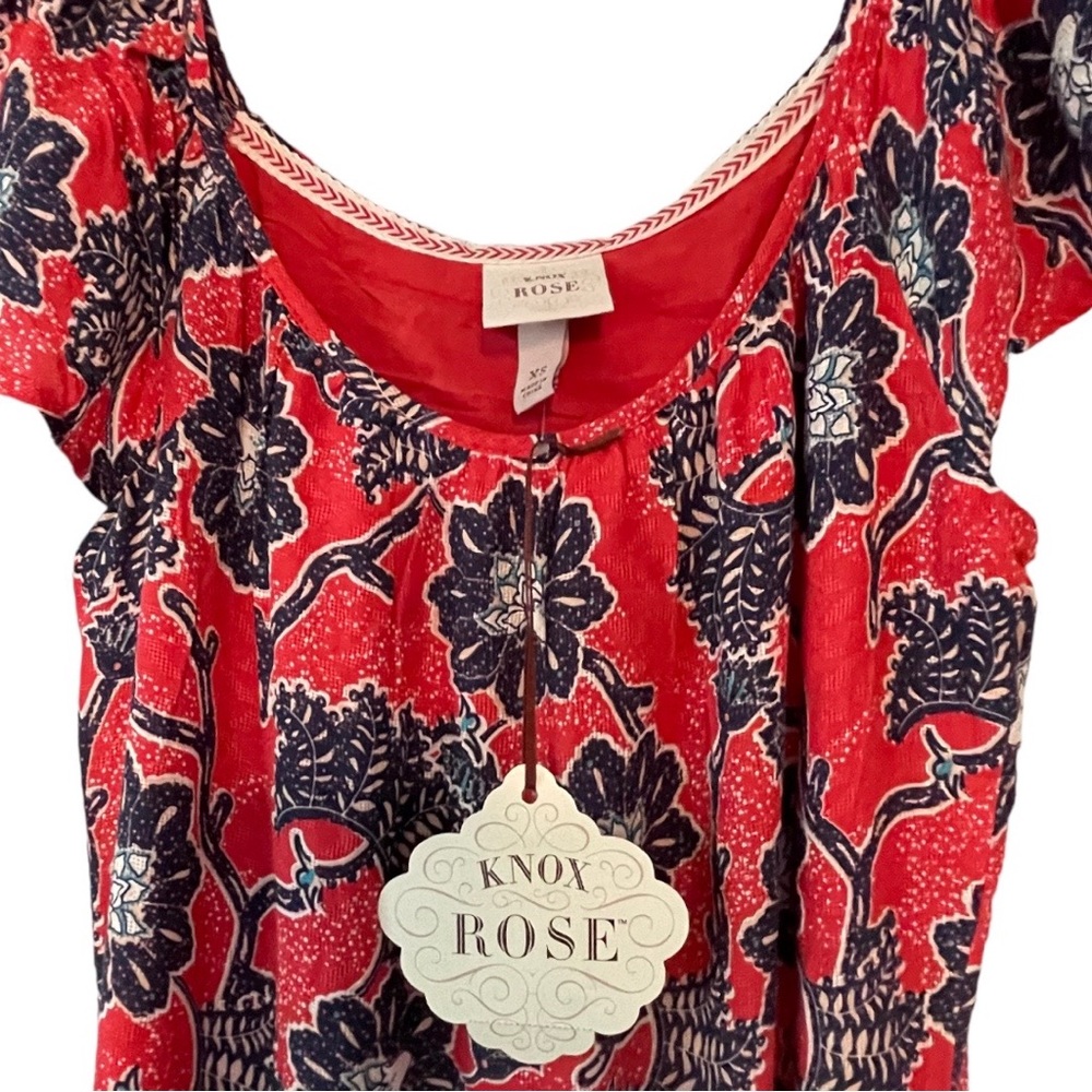 Knox Rose NWT Rebel Red White and Blue Floral Flutter Sleeve Drop Waist Dress XS - Picture 8 of 11